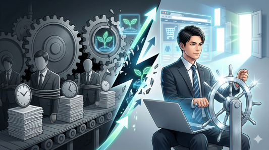 【キャリア論理戦略】新社会人必見！「会社の仕事だけ」に時間を全振りする依存リスクと、副業EC（Shopify）で最強の「自己投資」を始めるロードマップ