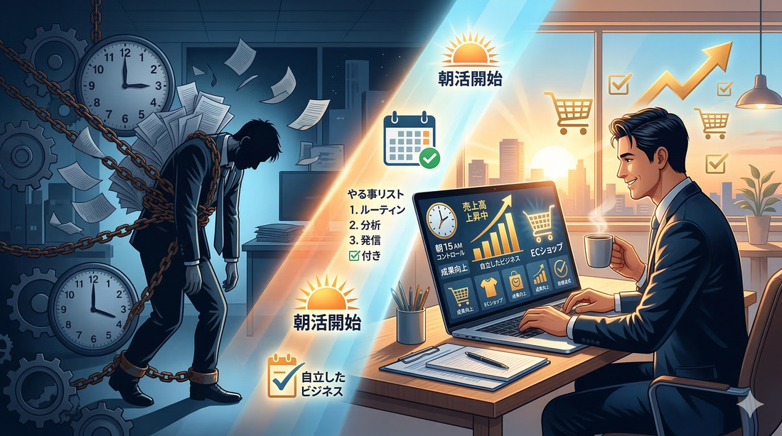 【論理的キャリア戦略】「時間がない」は仕組みで解決できる。会社員の“強制力”から脱却し、副業ECで稼ぐための「最強の朝活ルーティン」構築法